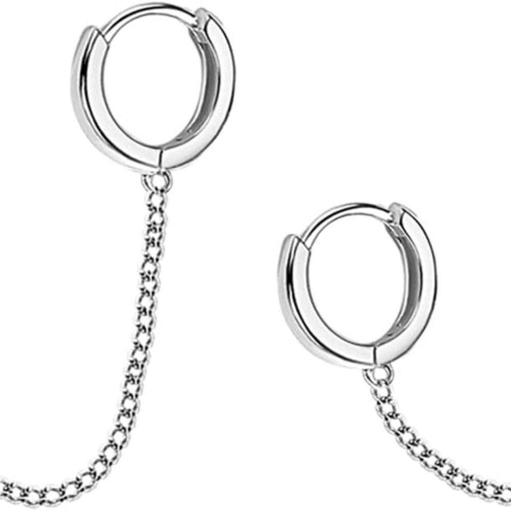 Solid 925 Sterling Silver Double Hoop Earrings Ch… - image 1